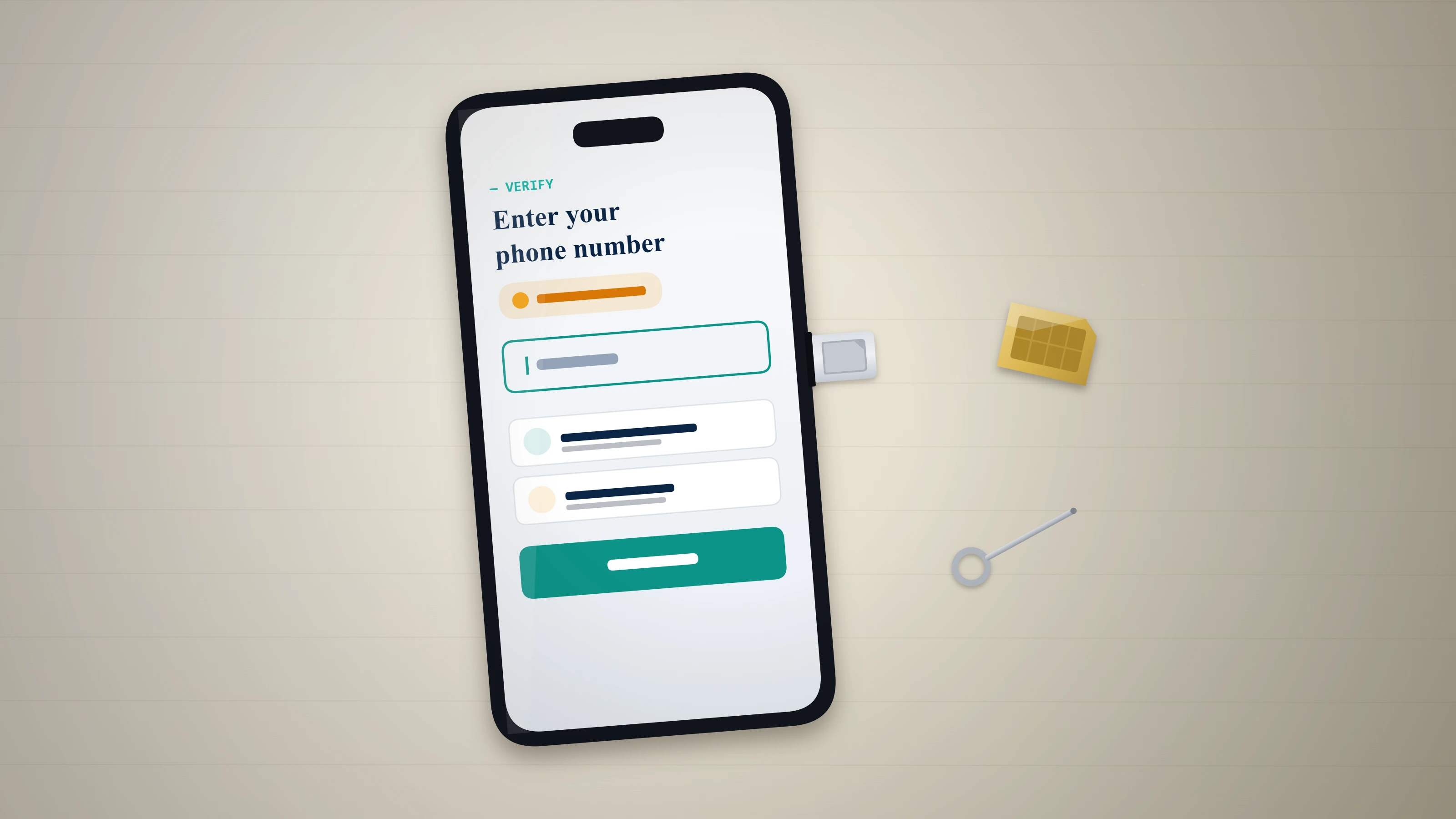 A popped-out SIM card resting beside a smartphone with an open empty SIM tray, illustrating WhatsApp account recovery without SIM.