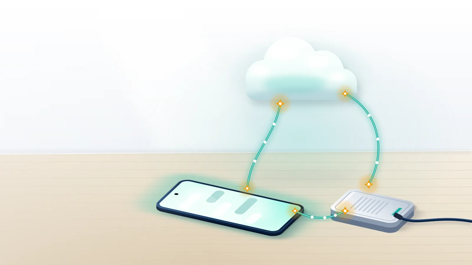 Smartphone, cloud backup and local drive linked by glowing paths, showing where whatsapp data recovery can actually find chats.