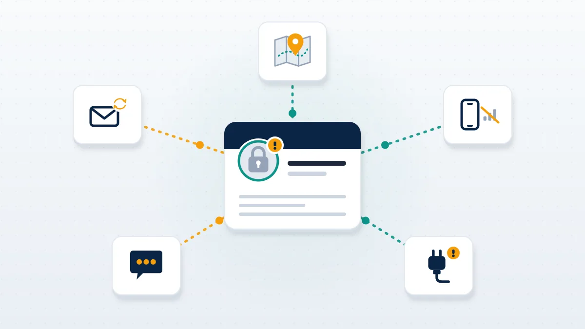 Account card linked to five warning icons for login, email swap, phone, spam and apps, signs of an x account compromised.