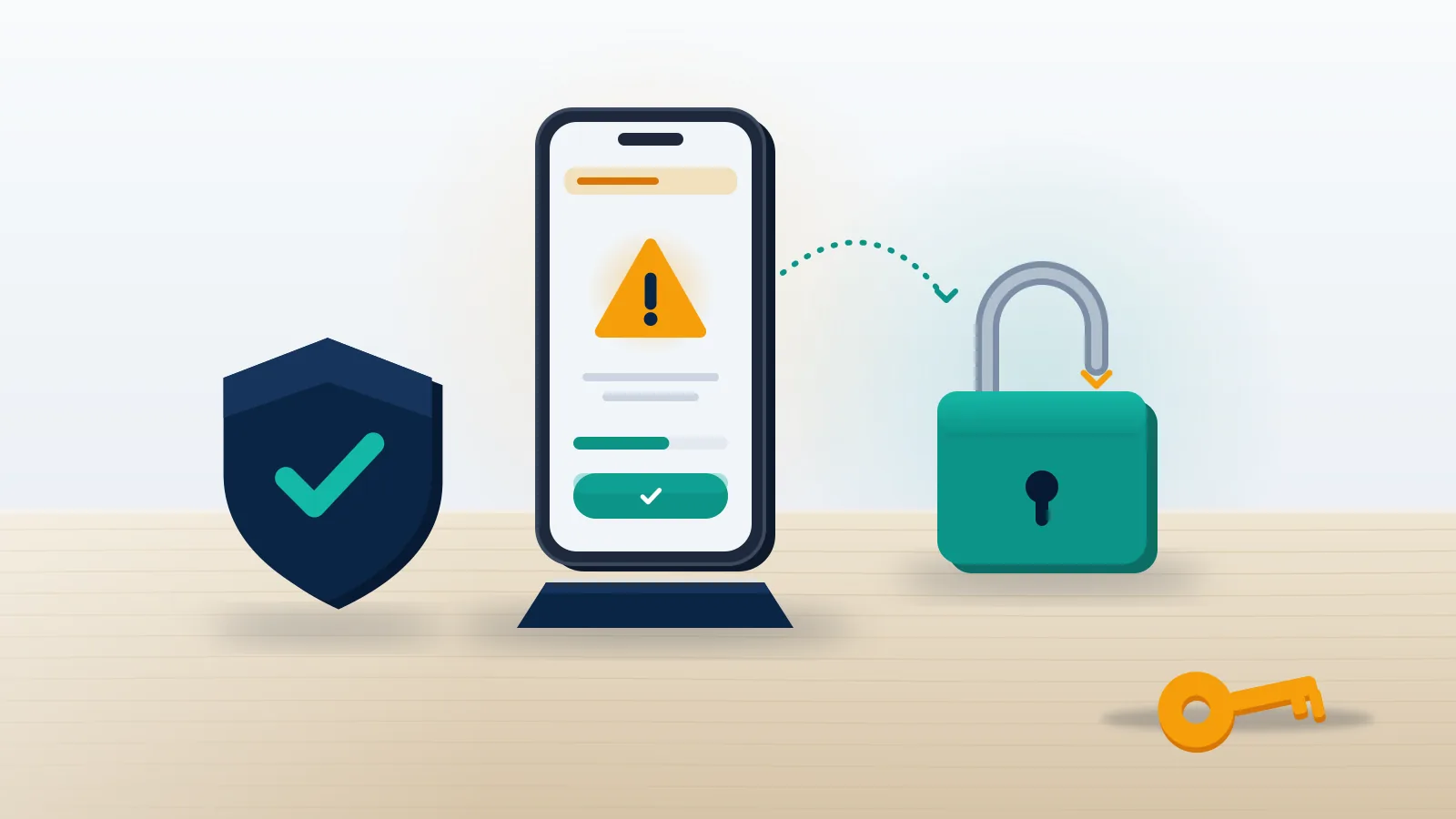 Phone on a desk with a warning screen beside a closing padlock, key and shield, the first hour after an X account hacked alert.
