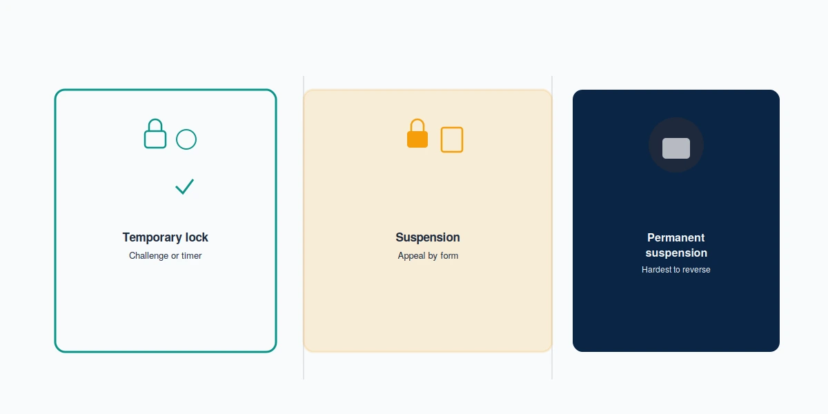 Three enforcement states compared side by side: temporary lock, X account suspended, and permanent suspension, the hardest to reverse.