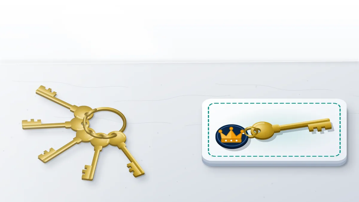 Brass ring of plain manager keys with one crown-tagged owner key set apart, the role YouTube Brand Account recovery wins back.