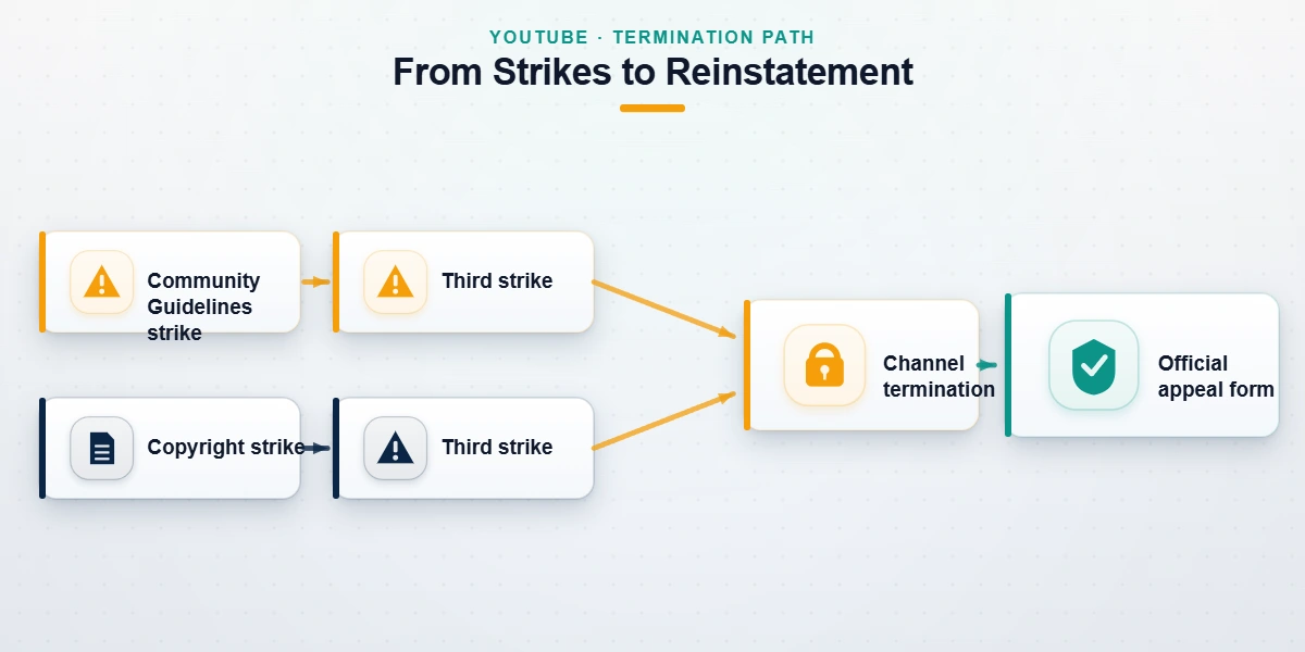 Flow diagram of the path from community strikes to channel termination and the appeal that can reinstate a terminated YouTube account.