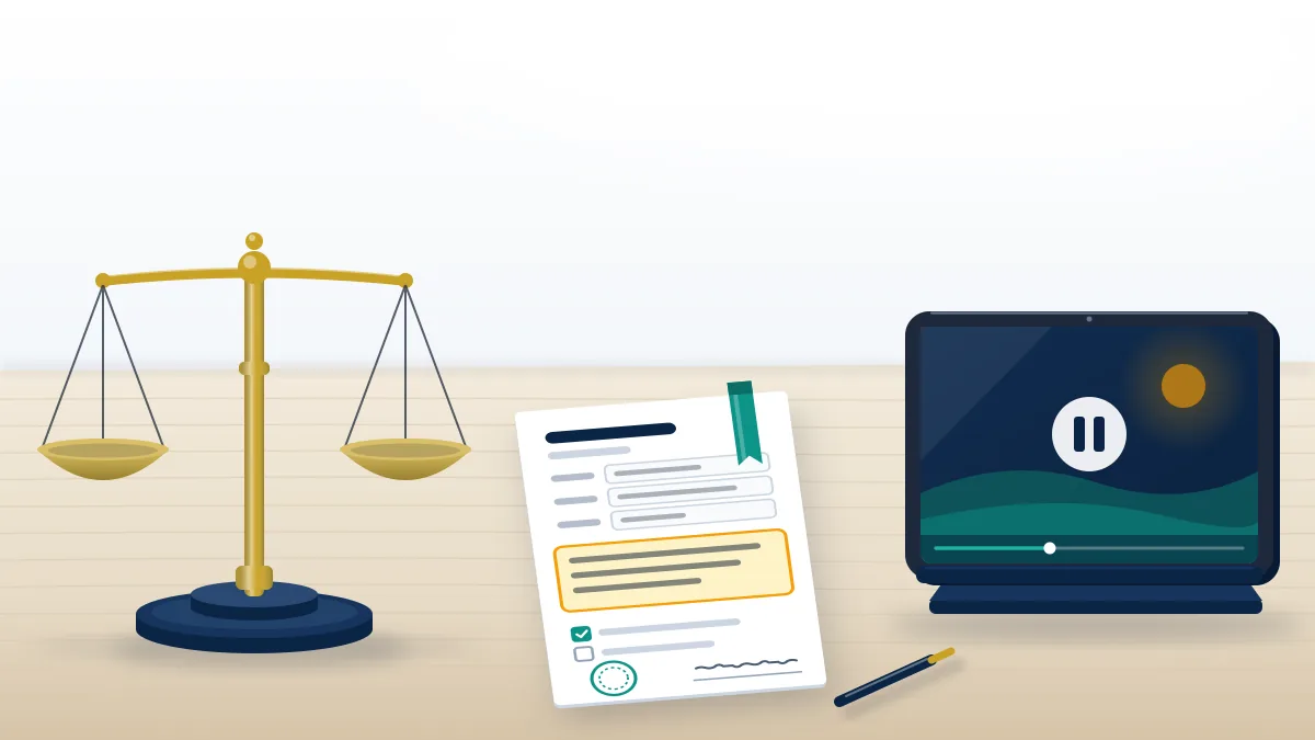 A YouTube defamation complaint form beside a balance scale and a paused video, showing the legal route for libel claims.